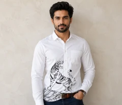Royal Tiger Illustrated White Cotton Shirt - Premium Long Sleeve Mens Business Casual Button Shirt